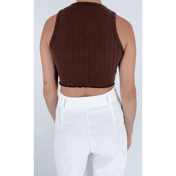 Women's Brown Lettuce Trim Rib Knit Tank Top Size Small - Picture 2 of 3